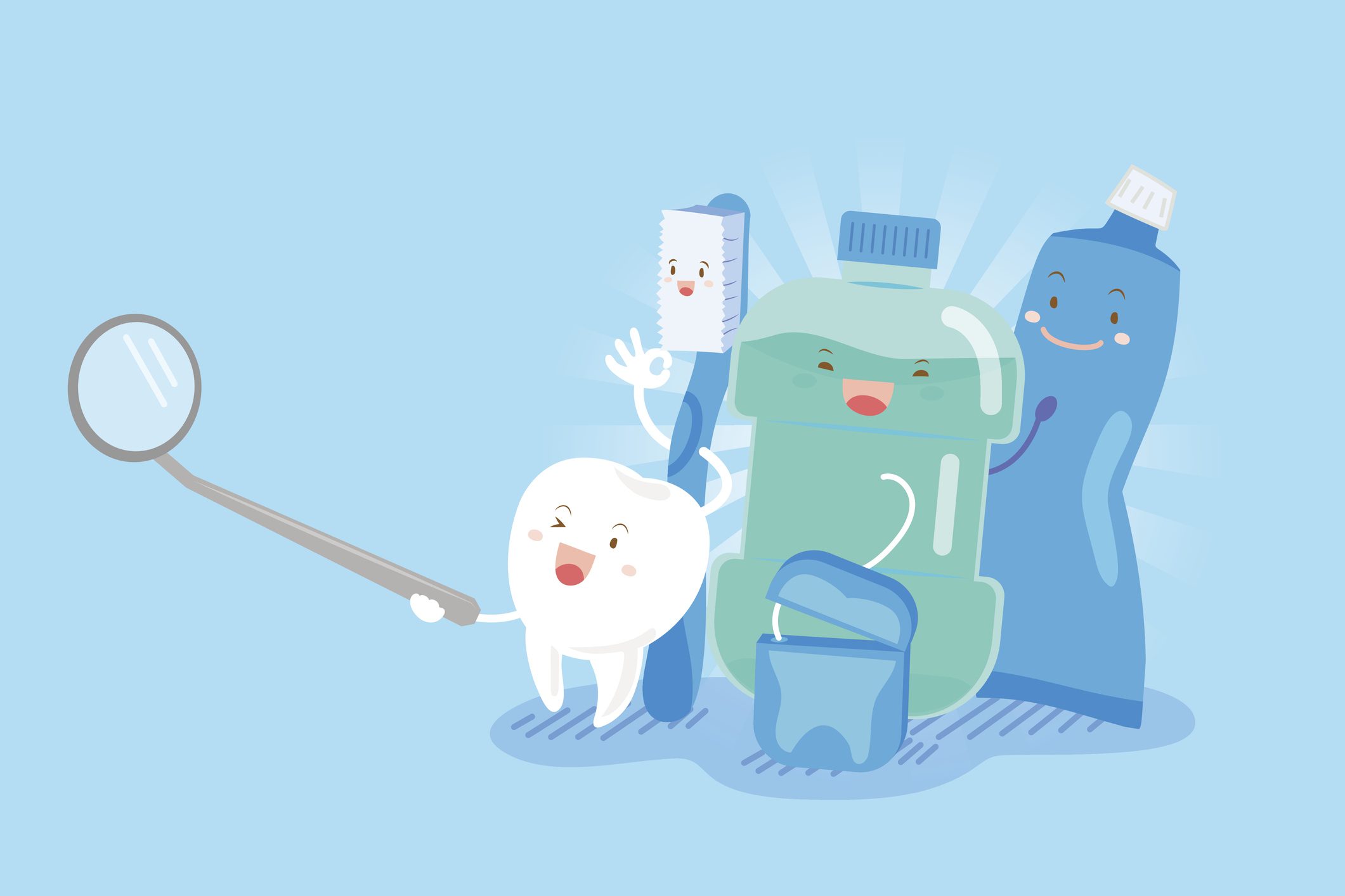 cartoon image of toothpaste with toothbrush, mouthwash, and floss smiling into a mouth mirror.
